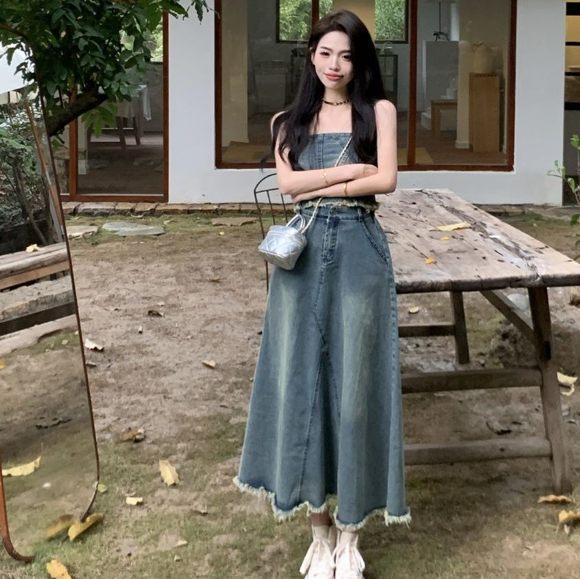 デニムセットアップ 裾フリンジロングスカートセット