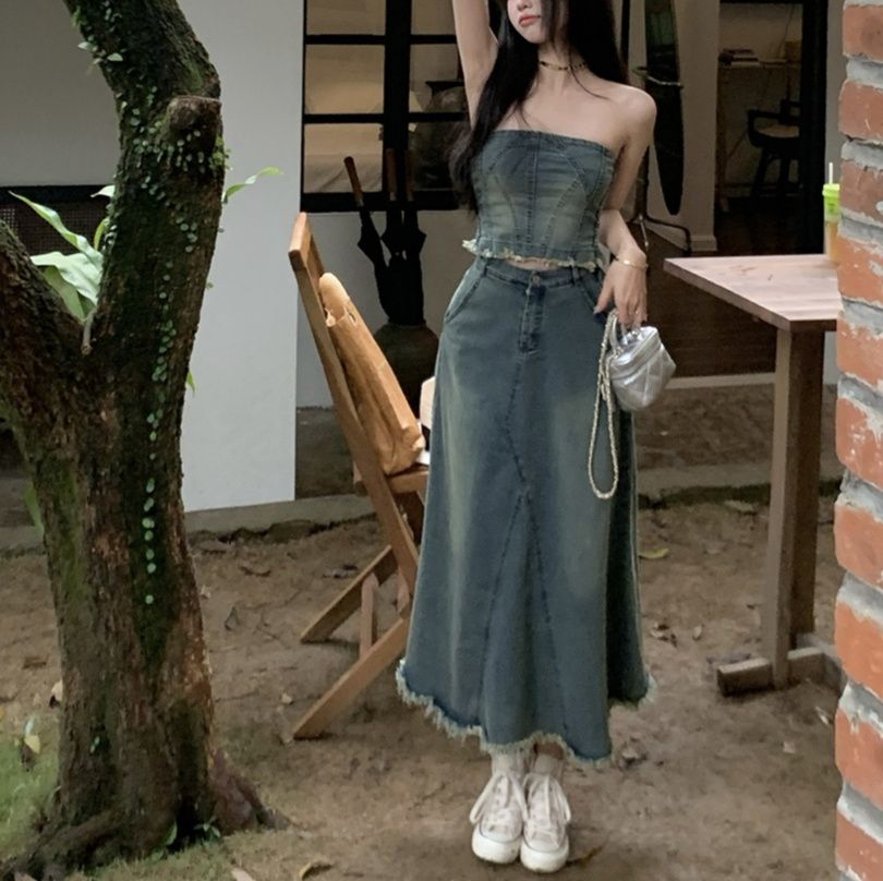 デニムセットアップ 裾フリンジロングスカートセット