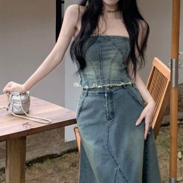 デニムセットアップ 裾フリンジロングスカートセット