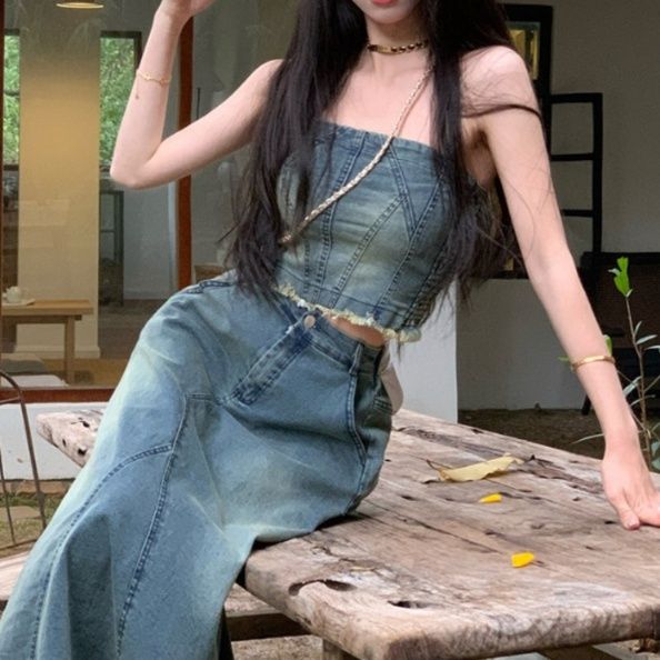 デニムセットアップ 裾フリンジロングスカートセット