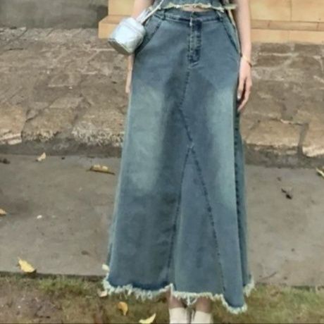 デニムセットアップ 裾フリンジロングスカートセット