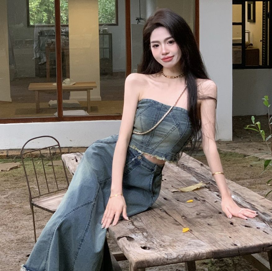 デニムセットアップ 裾フリンジロングスカートセット