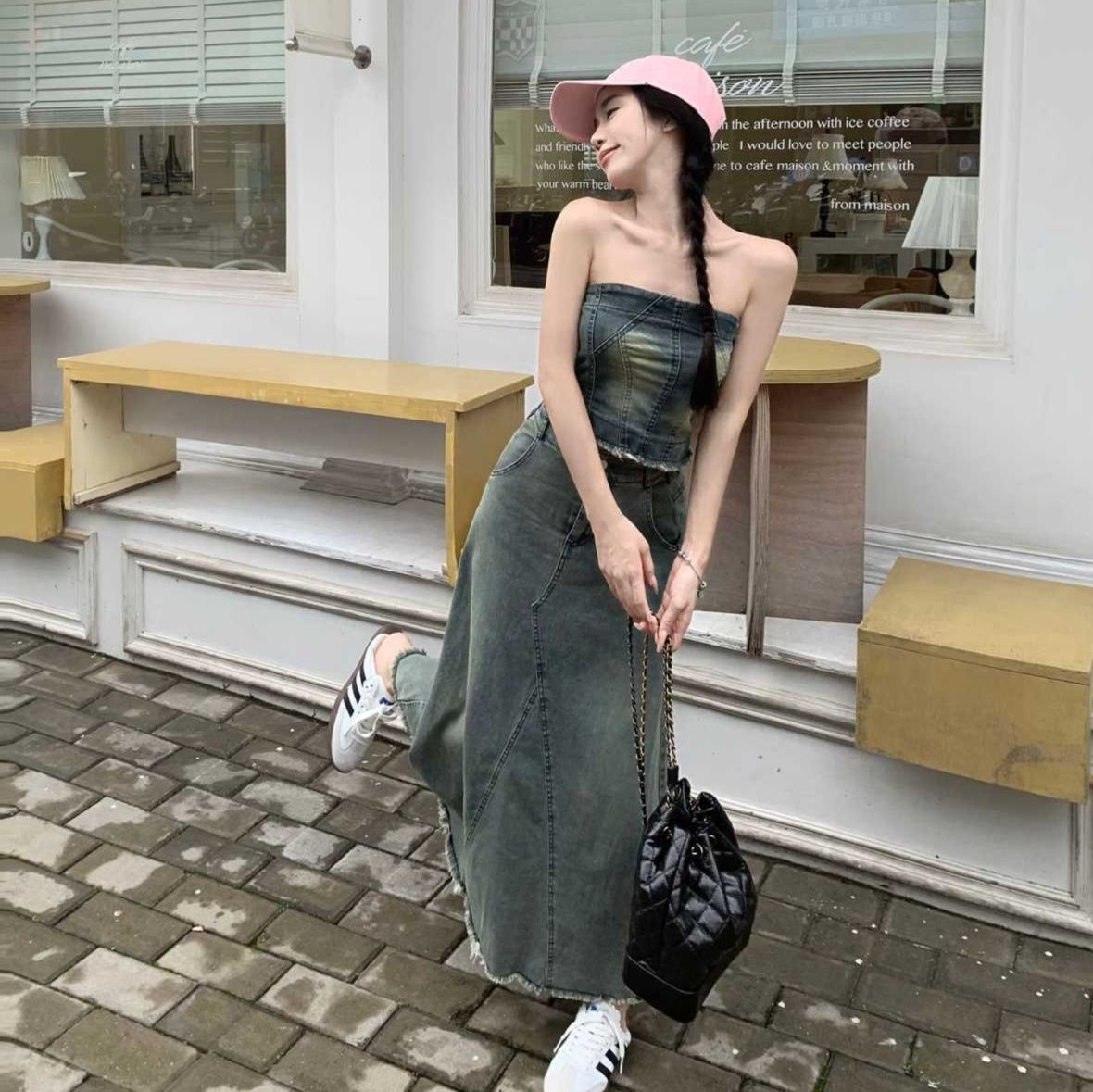 デニムセットアップ ベアトップ風ロングスカートセット