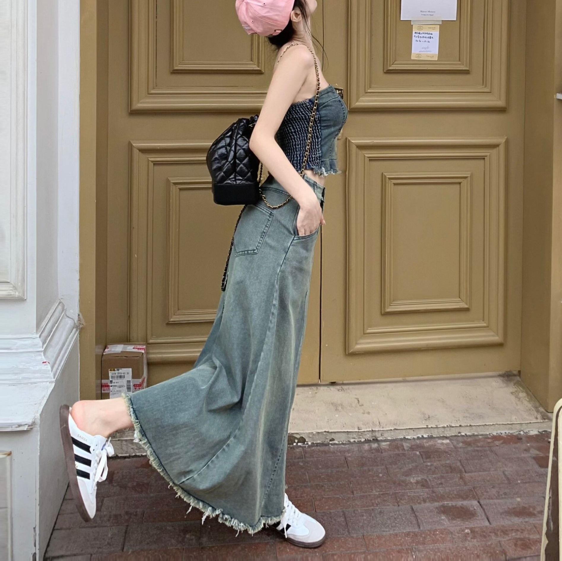 デニムセットアップ ベアトップ風ロングスカートセット