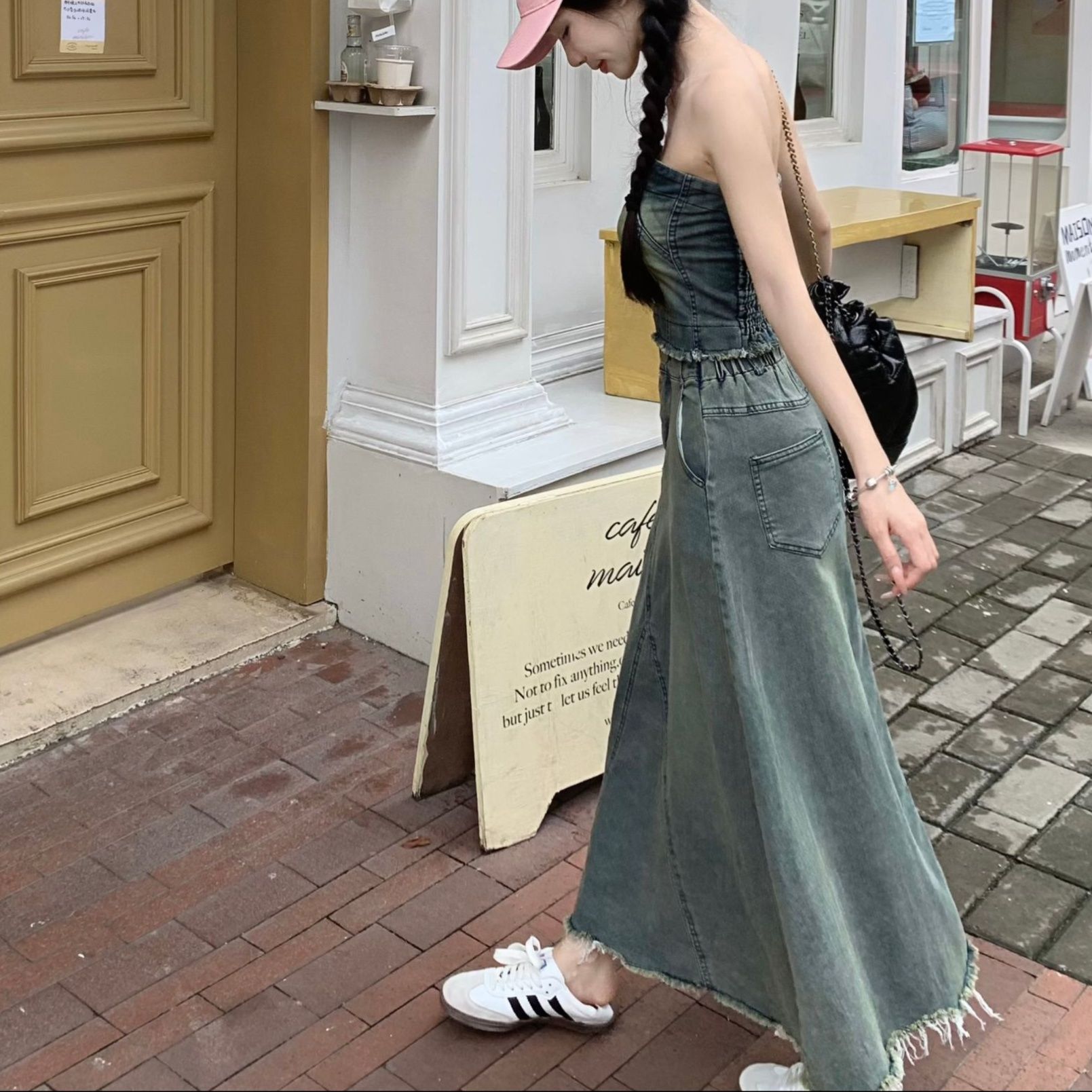 デニムセットアップ ベアトップ風ロングスカートセット