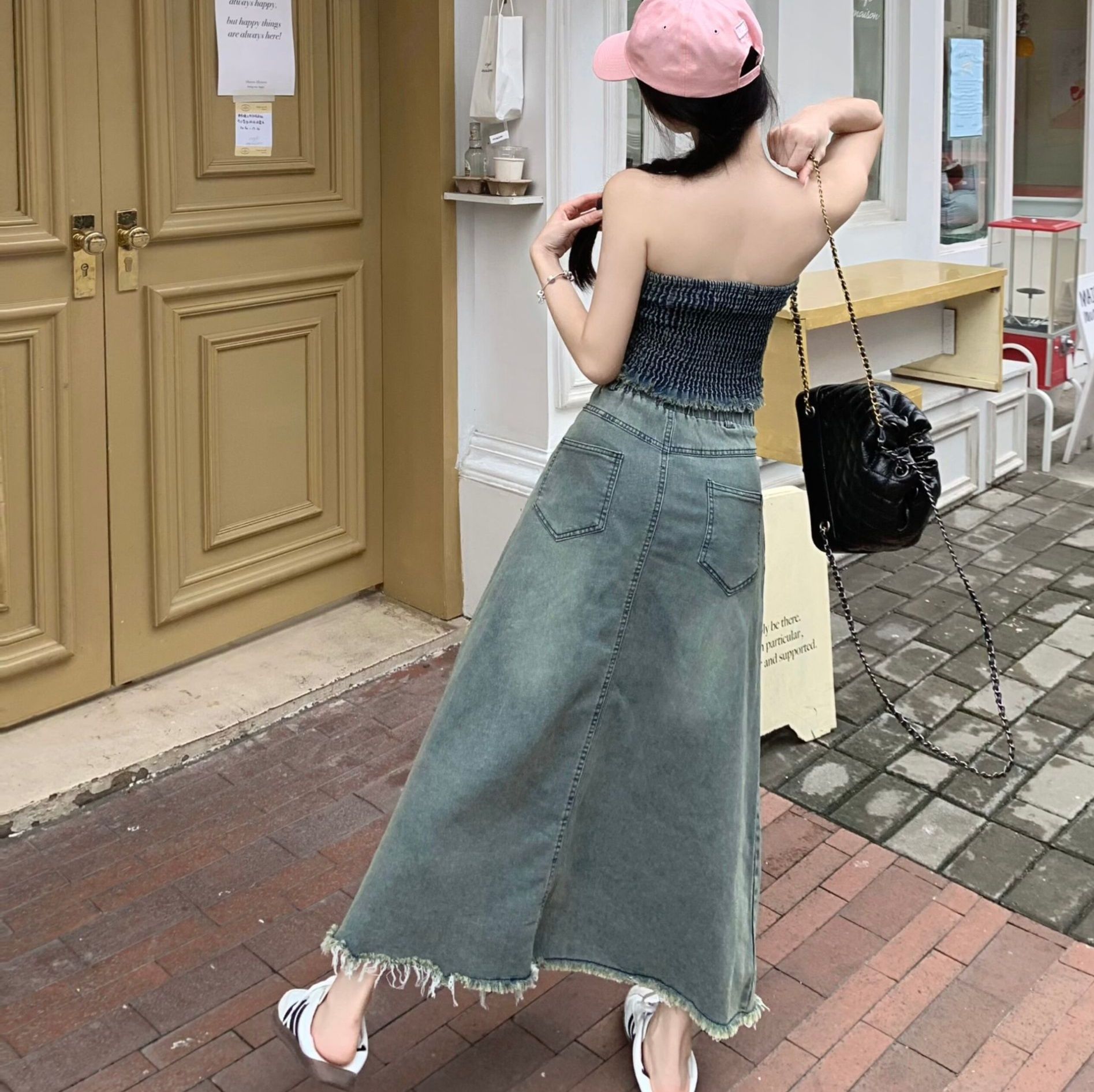 デニムセットアップ ベアトップ風ロングスカートセット