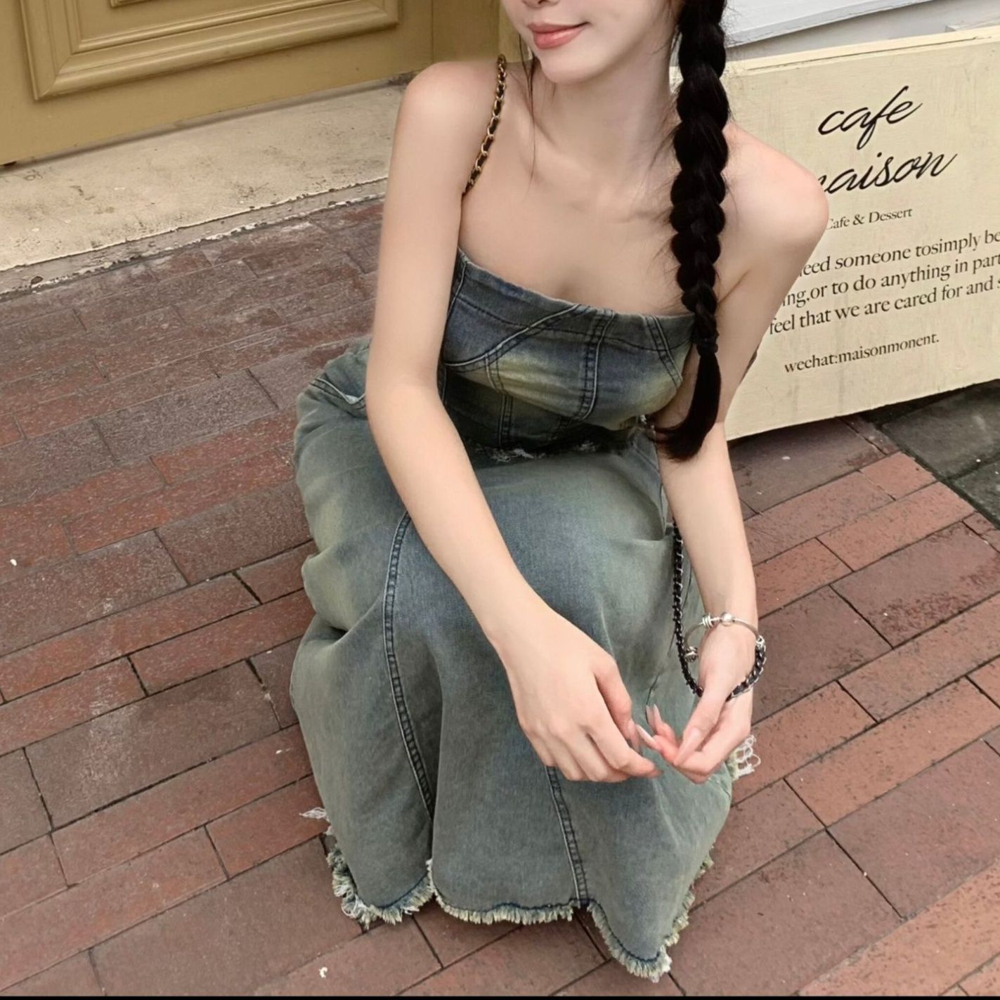 デニムセットアップ ベアトップ風ロングスカートセット