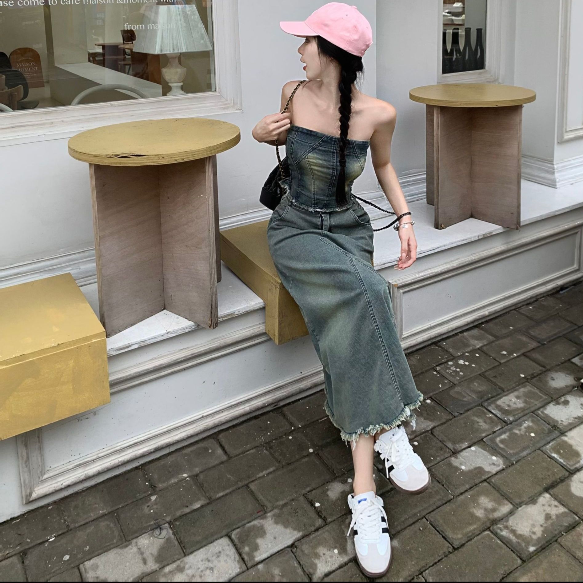 デニムセットアップ ベアトップ風ロングスカートセット