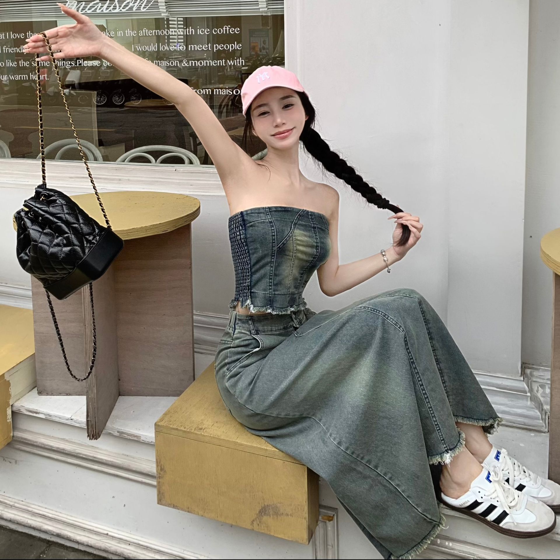 デニムセットアップ ベアトップ風ロングスカートセット