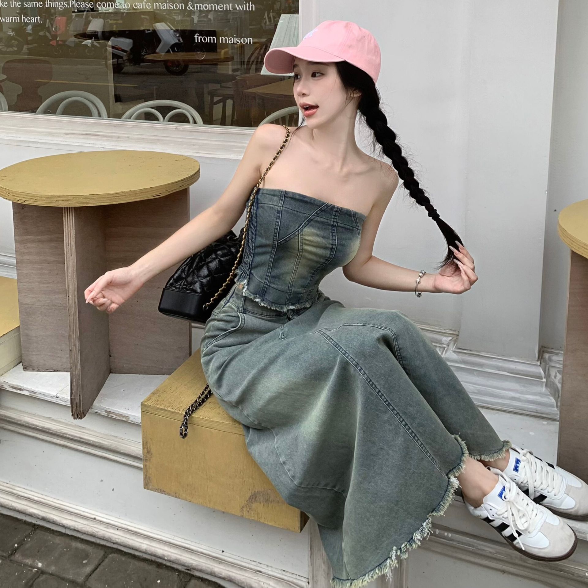 デニムセットアップ ベアトップ風ロングスカートセット