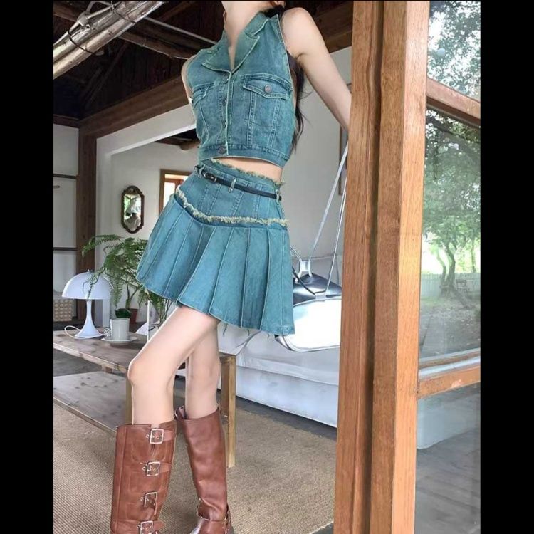 デニムセットアップ ノースリーブプリーツスカートセット