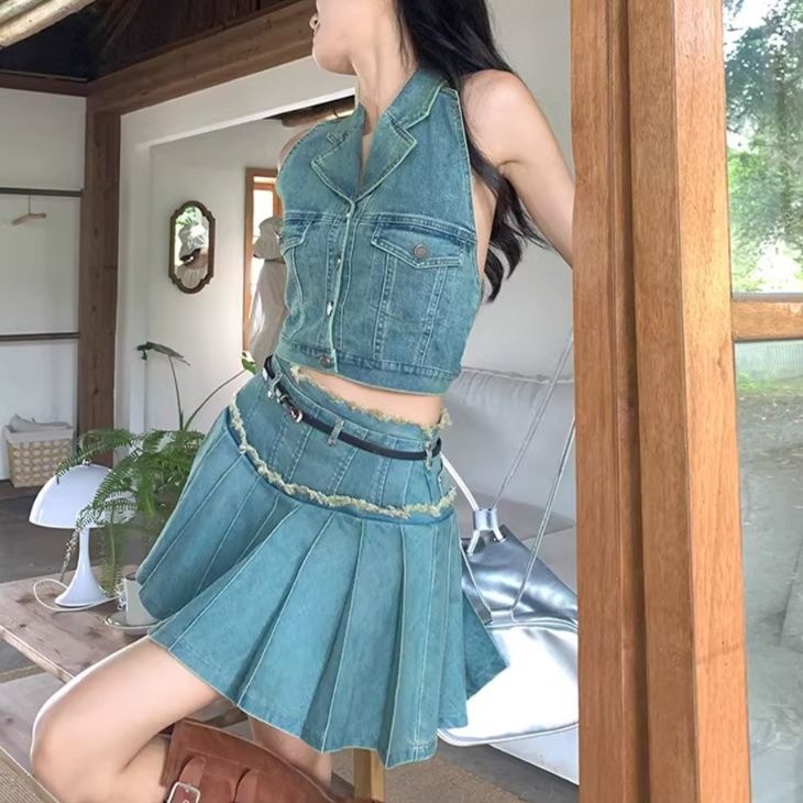 デニムセットアップ ノースリーブプリーツスカートセット