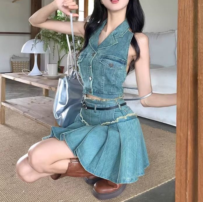 デニムセットアップ ノースリーブプリーツスカートセット