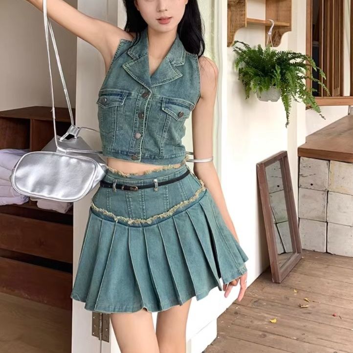 デニムセットアップ ノースリーブプリーツスカートセット