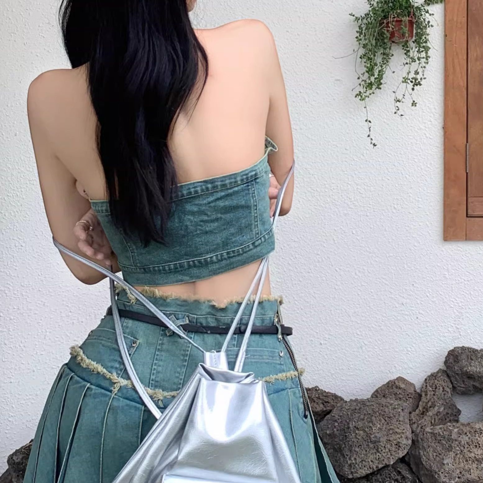 デニムセットアップ ノースリーブプリーツスカートセット