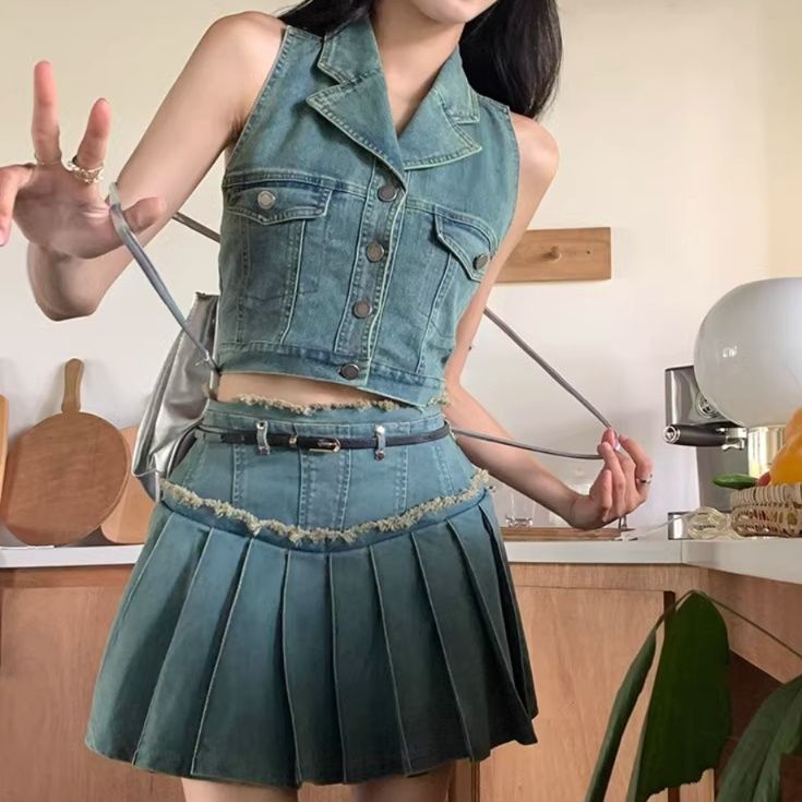 デニムセットアップ ノースリーブプリーツスカートセット