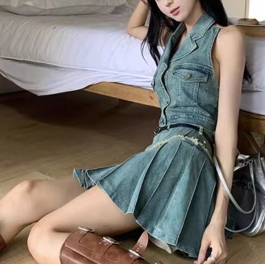 デニムセットアップ ノースリーブプリーツスカートセット