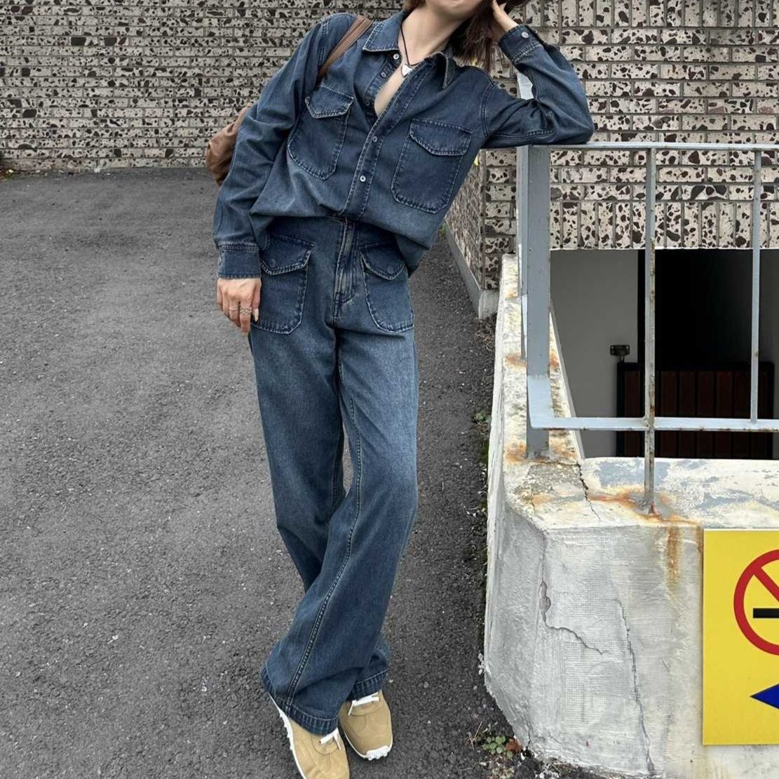 デニムセットアップ ゆったりポケット付きワークセットアップ