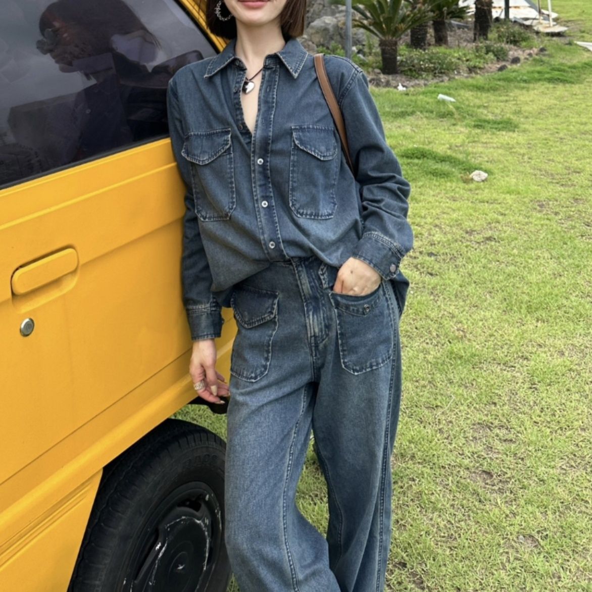 デニムセットアップ ゆったりポケット付きワークセットアップ