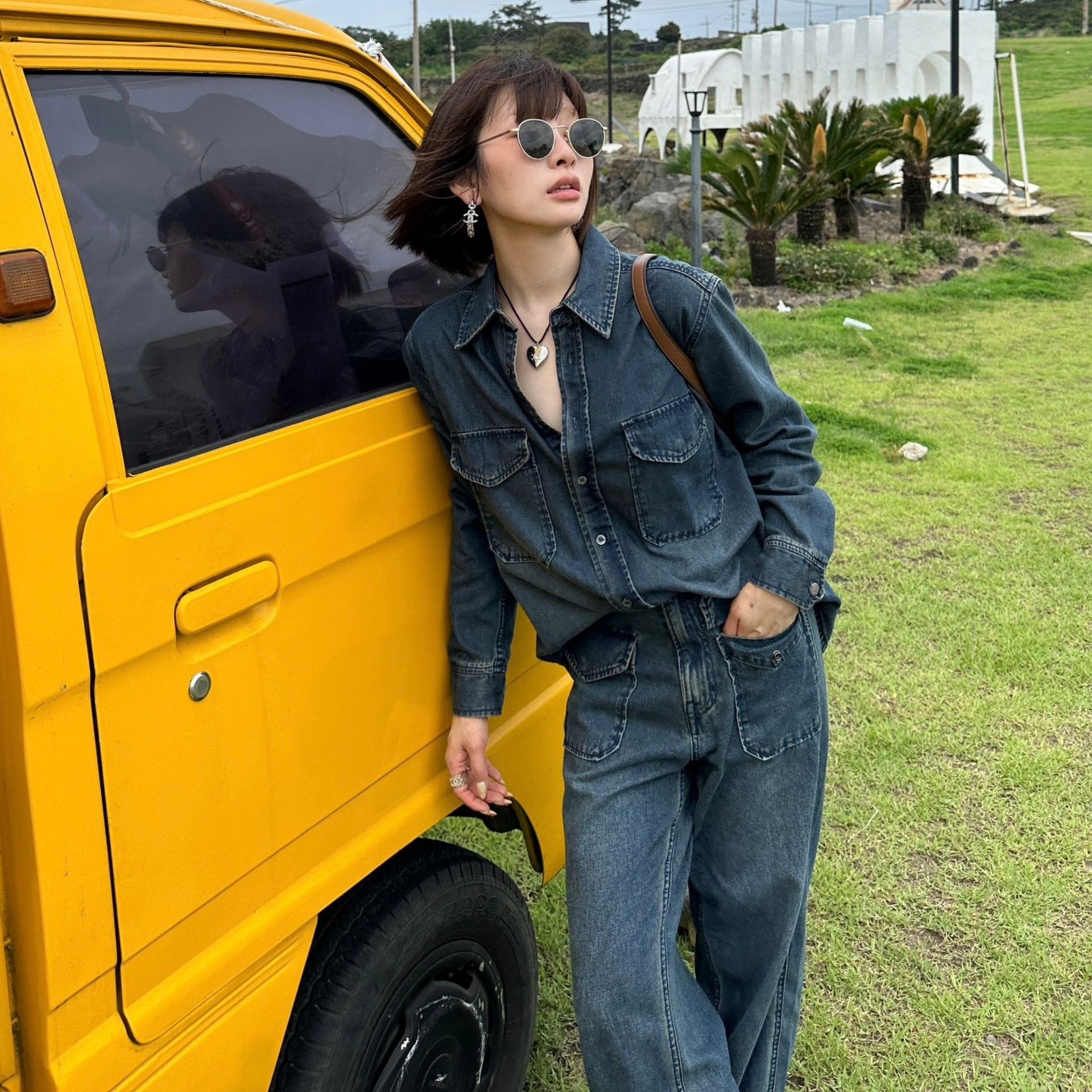 デニムセットアップ ゆったりポケット付きワークセットアップ