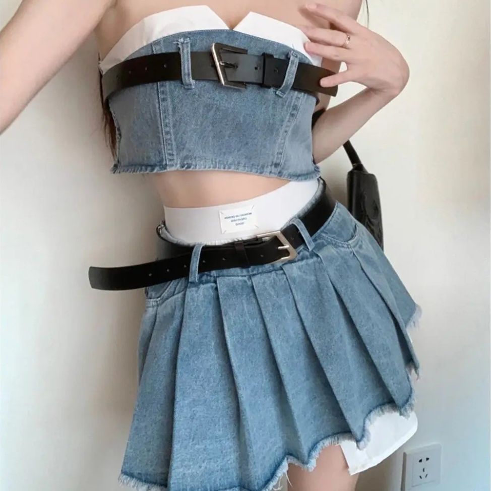 デニムセットアップ ベルト付きデニムトップススカートセット