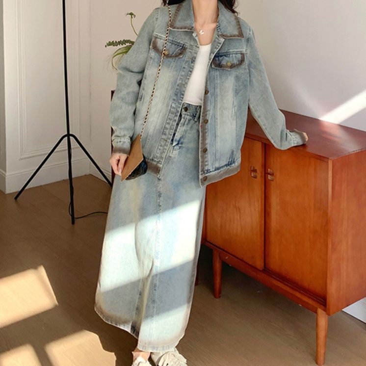 デニムセットアップ カジュアル長め丈ジャケットスカート