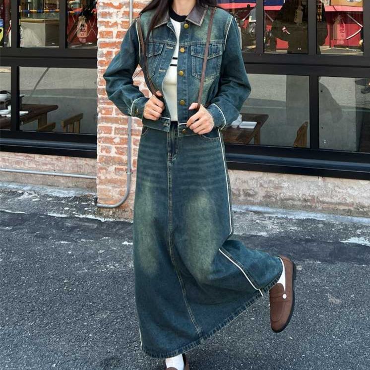 デニムセットアップ クラシカルジャケットロングスカートデニムセット