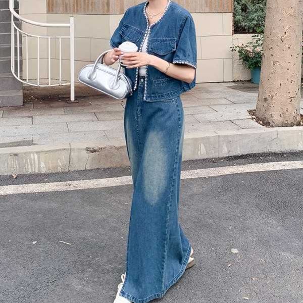 デニムセットアップ 縁取り半袖ジャケットスカートセット