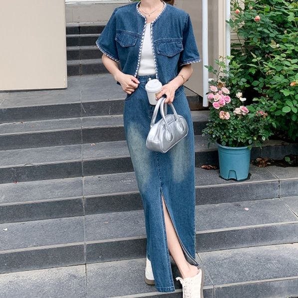 デニムセットアップ 縁取り半袖ジャケットスカートセット