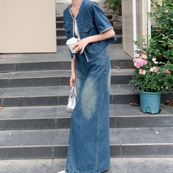 デニムセットアップ 縁取り半袖ジャケットスカートセット