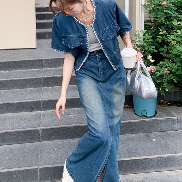 デニムセットアップ 縁取り半袖ジャケットスカートセット