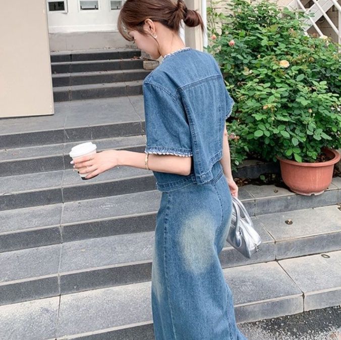 デニムセットアップ 縁取り半袖ジャケットスカートセット