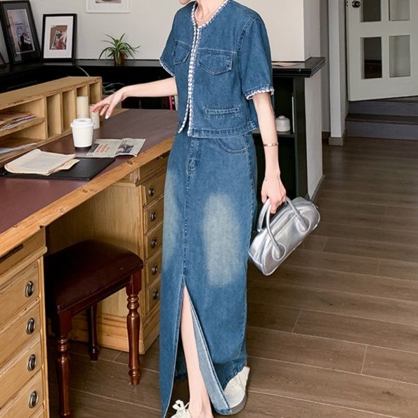 デニムセットアップ 縁取り半袖ジャケットスカートセット