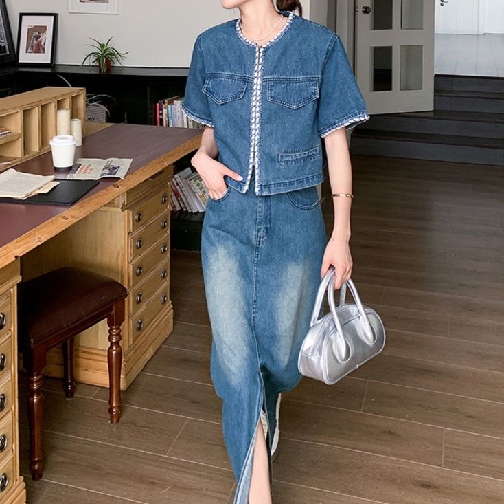 デニムセットアップ 縁取り半袖ジャケットスカートセット