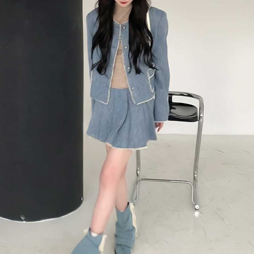 デニムセットアップ ほつれ縁がかわいいジャケットスカート