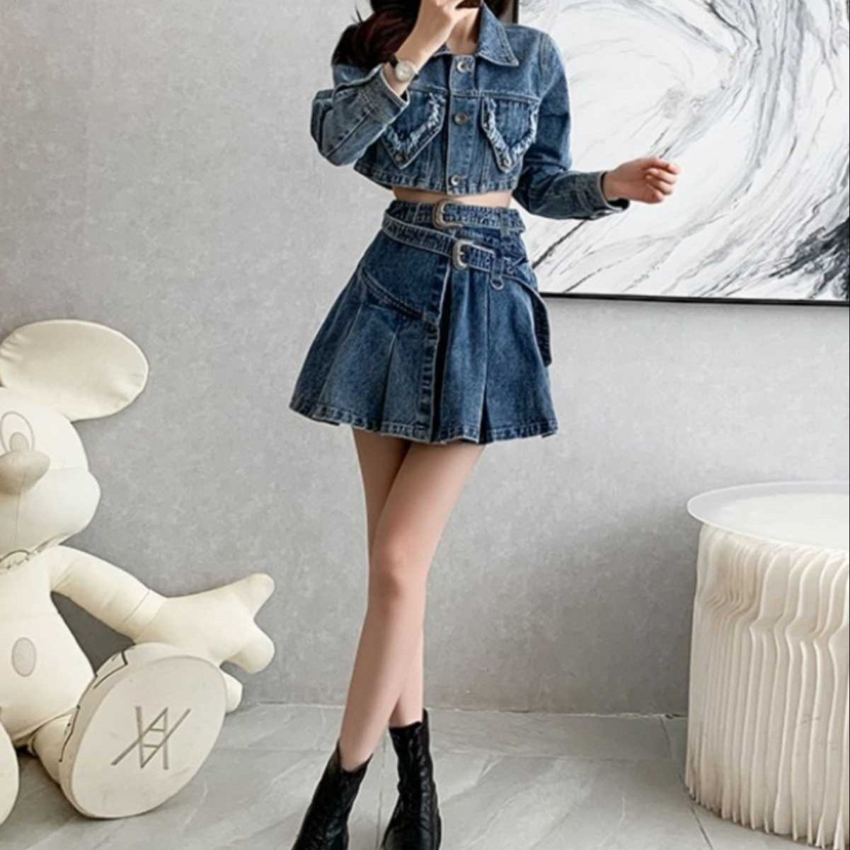 デニムセットアップ クロップド丈ジャケット×プリーツスカート