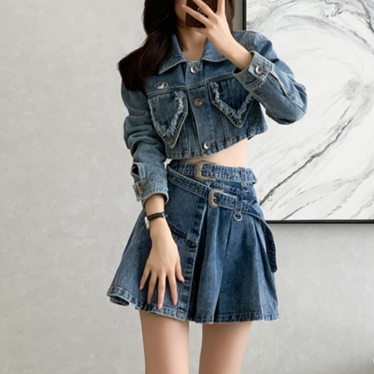 デニムセットアップ クロップド丈ジャケット×プリーツスカート