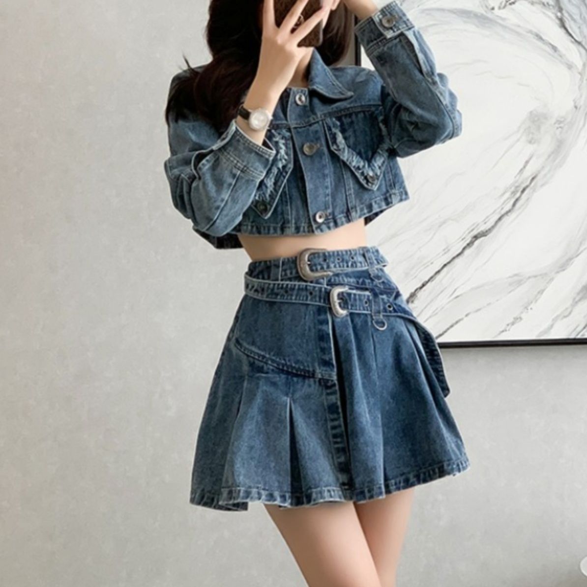 デニムセットアップ クロップド丈ジャケット×プリーツスカート