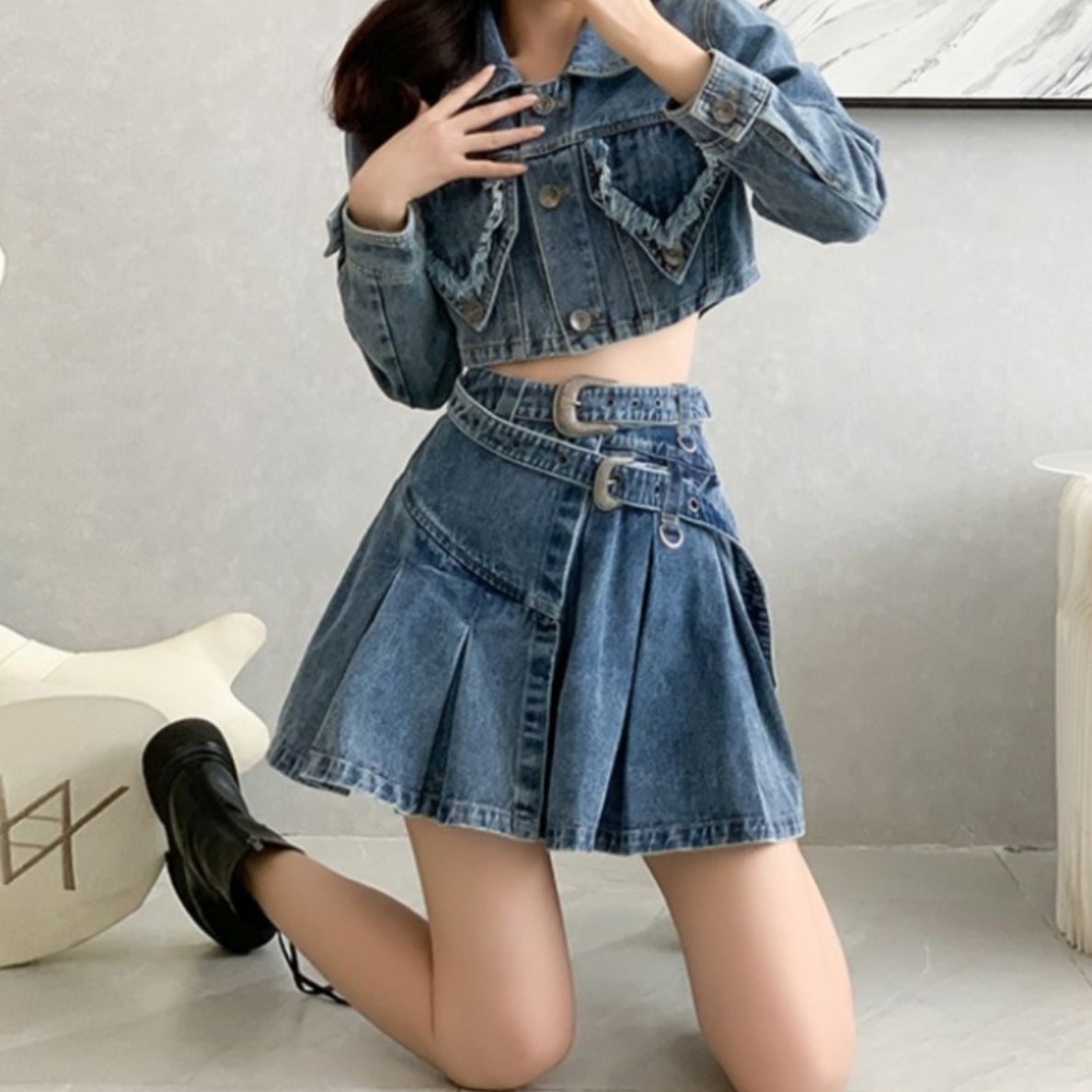 デニムセットアップ クロップド丈ジャケット×プリーツスカート