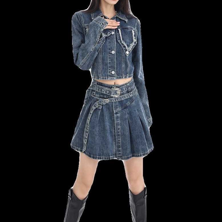 デニムセットアップ ほつれ加工ポケット 短丈ジャケット ベルトデザインスカート 上下セット