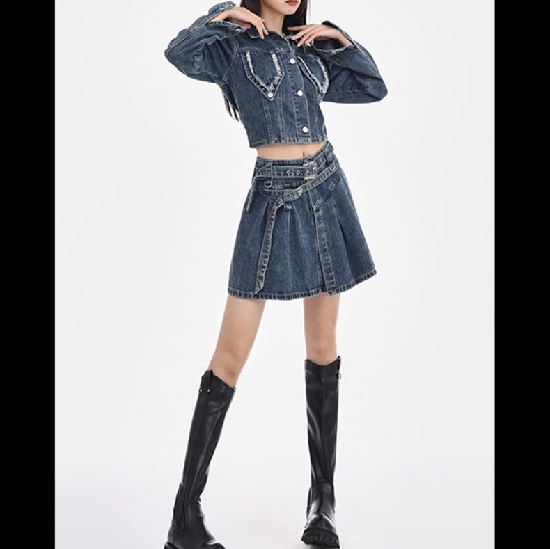 デニムセットアップ ほつれ加工ポケット 短丈ジャケット ベルトデザインスカート 上下セット