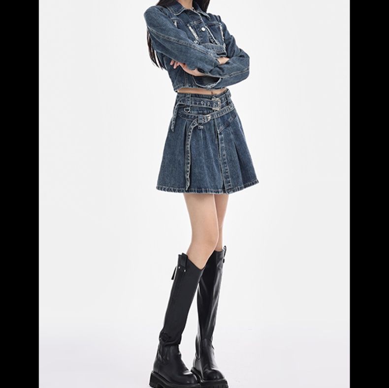 デニムセットアップ ほつれ加工ポケット 短丈ジャケット ベルトデザインスカート 上下セット