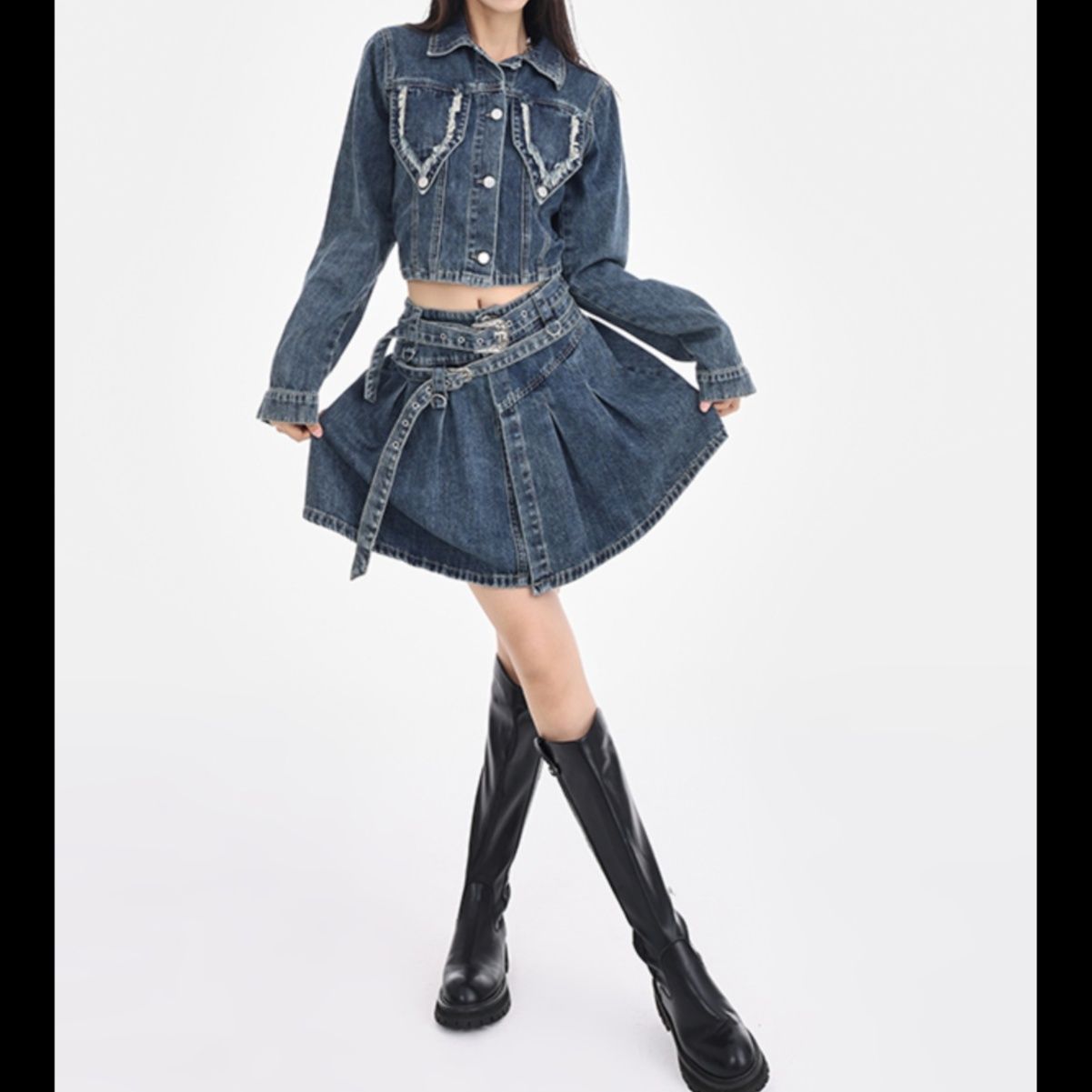 デニムセットアップ ほつれ加工ポケット 短丈ジャケット ベルトデザインスカート 上下セット