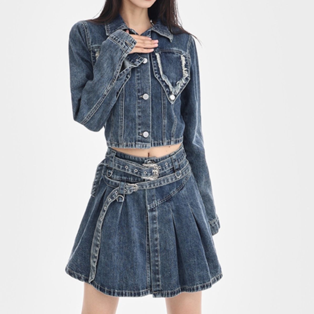 デニムセットアップ ほつれ加工ポケット 短丈ジャケット ベルトデザインスカート 上下セット