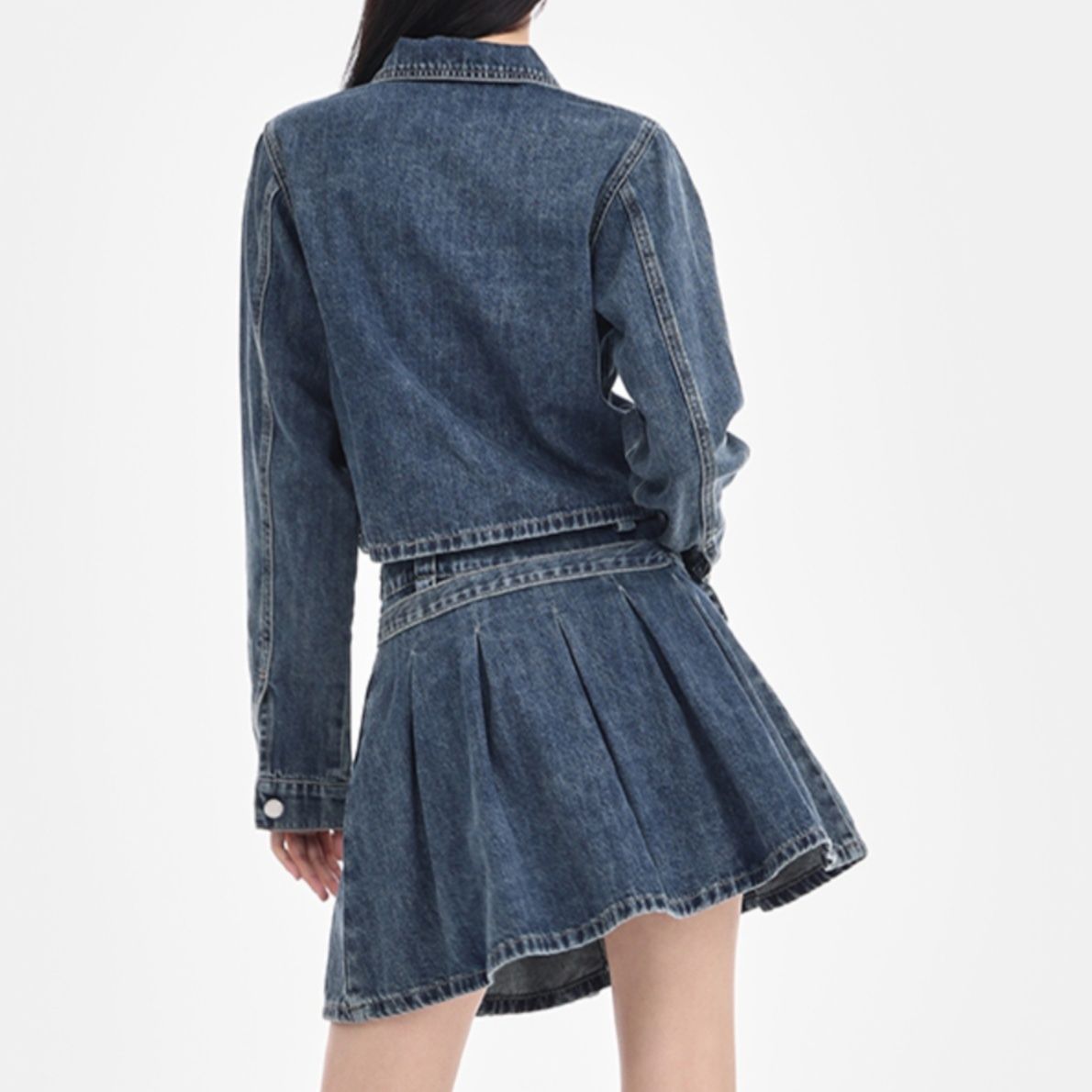 デニムセットアップ ほつれ加工ポケット 短丈ジャケット ベルトデザインスカート 上下セット