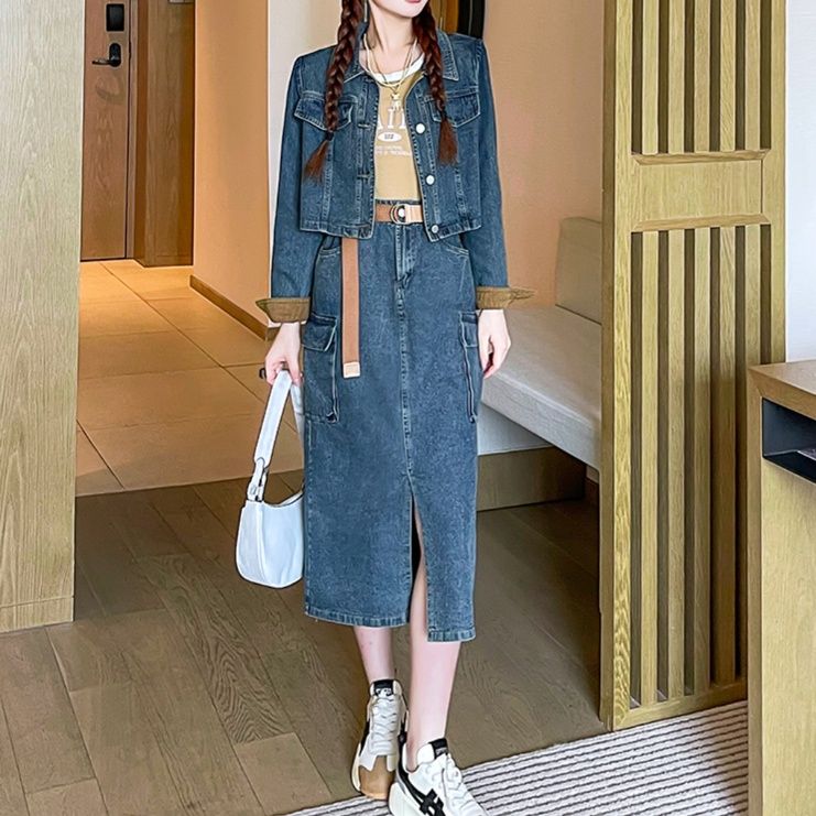 デニムセットアップ クロップド丈ジャケット&スリットスカート