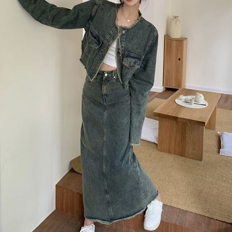 デニムセットアップ ゆったりロングデニムセットアップ