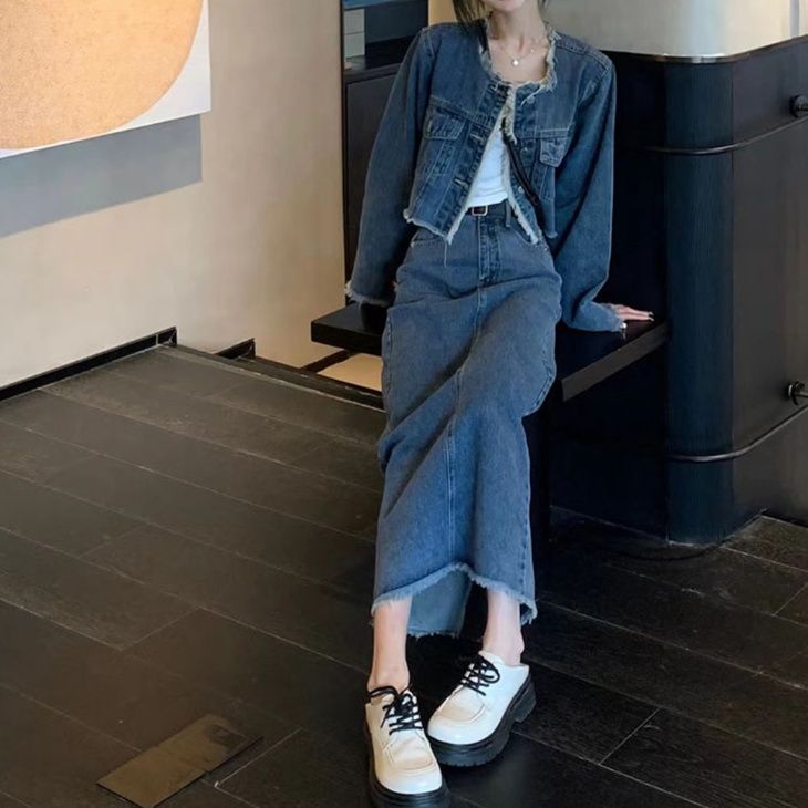 デニムセットアップ 裾フリンジ デニムセットアップ