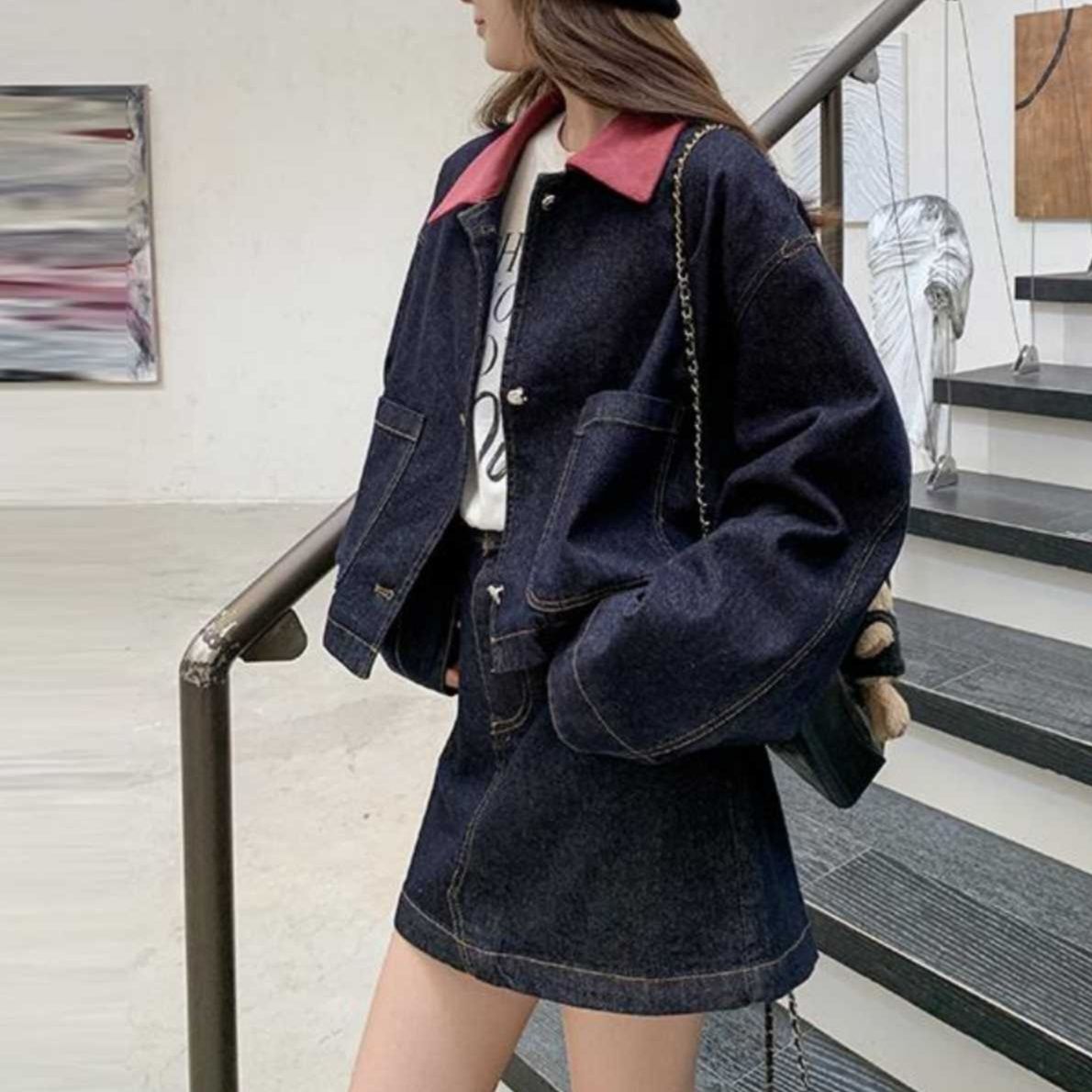 デニムセットアップ 配色襟がアクセントのデニムセット