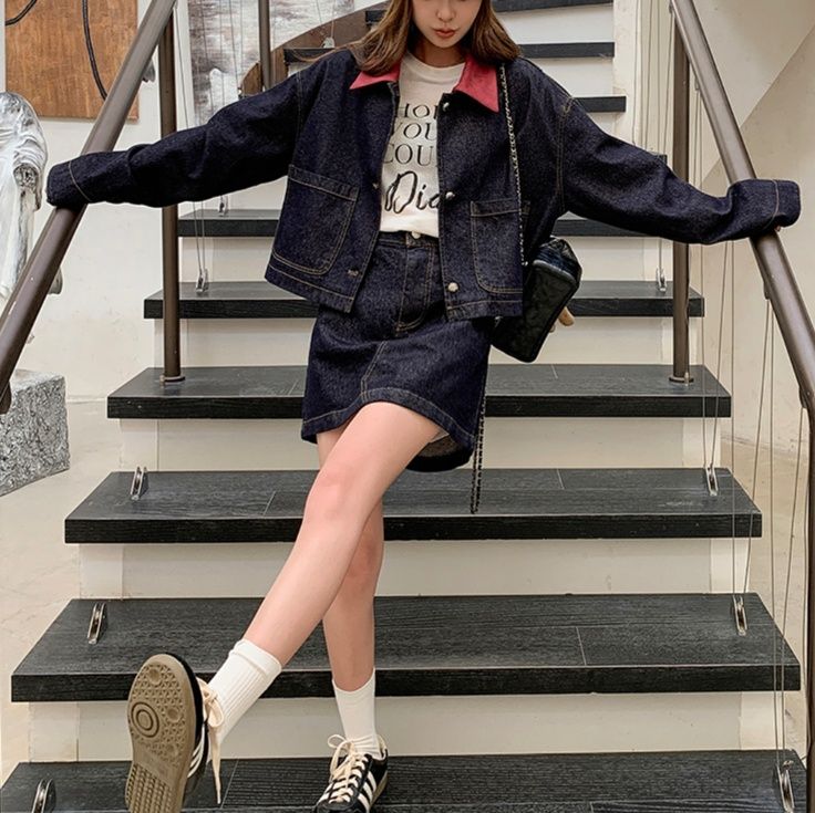 デニムセットアップ 配色襟がアクセントのデニムセット